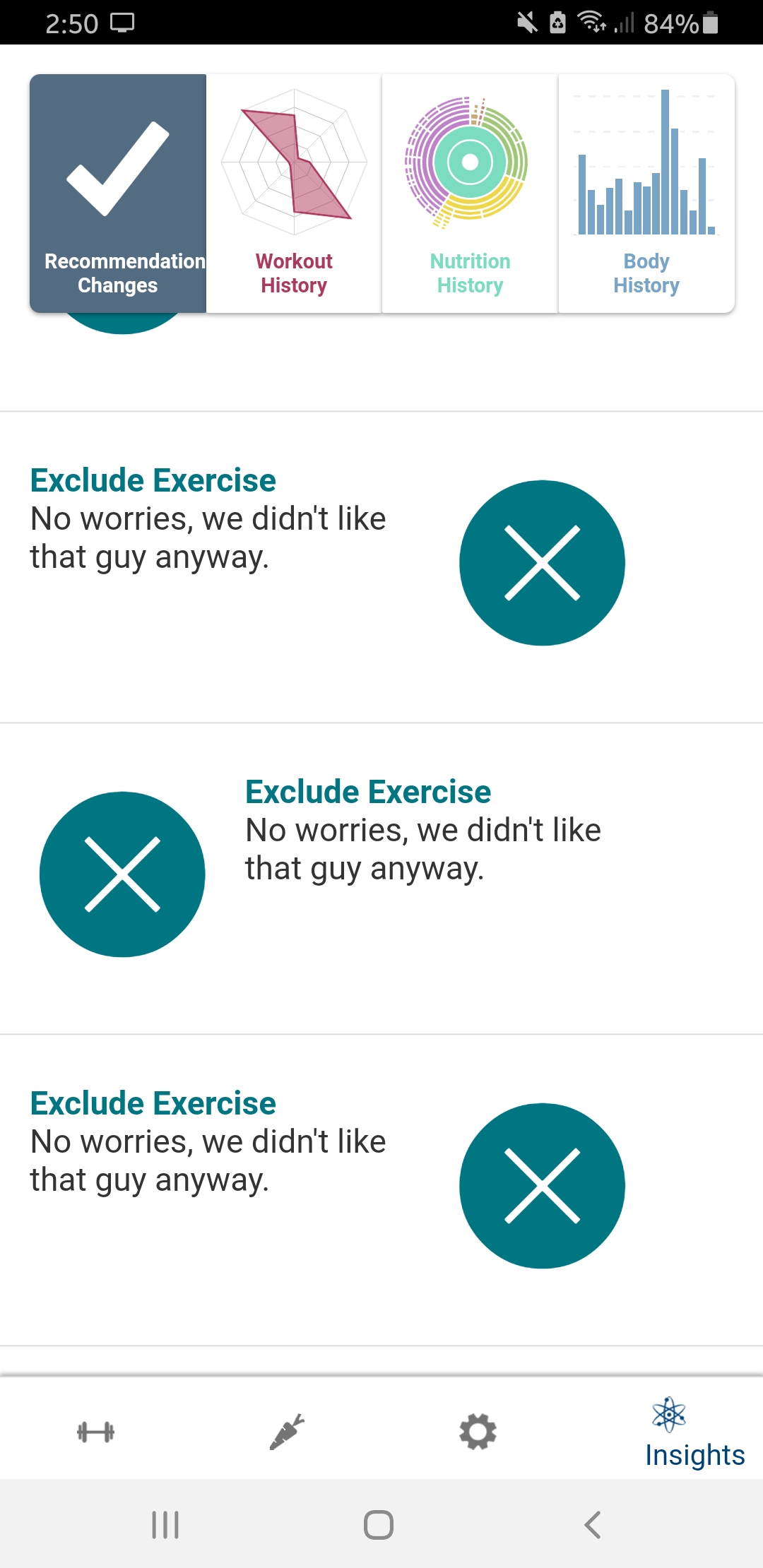 A screenshot from the BodBot app with the message "Exclude Exercise: No worries, we don't like that guy either".